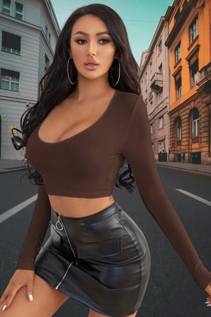 Kahverengi Derin U Yaka Crop Top Uzun Kollu Dar Kesim Kadın Bluz