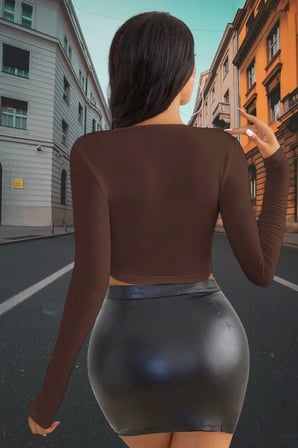 Kahverengi Derin U Yaka Crop Top Uzun Kollu Dar Kesim Kadın Bluz