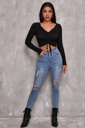 Kadın Siyah Uzun Kol Drapeli Bağcık Detaylı Crop Top Bluz