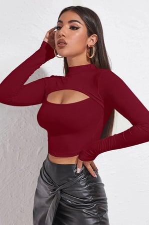 Kadın Bordo Modern Fit Göğüs Dekolteli Uzun Kollu Cut Out Crop Top Bluz