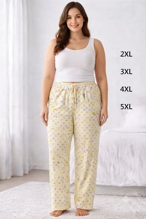 Viskon Pamuklu Kadın Büyük Beden Açık Sarı Desenli Pijama Pantolon - Brf010 -