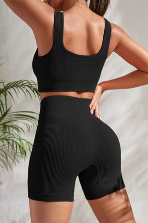 Kadın Siyah Kaşkorse Şortlu Crop Atlet Takım Esnek Kumaş Yüksek Bel