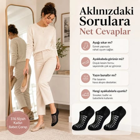 3’lü Kadın Siyah File Babet Çorap Düşük Kesim İnce Esnek Nefes Alan Görünmez Çorap Seti MERY WOMAN
