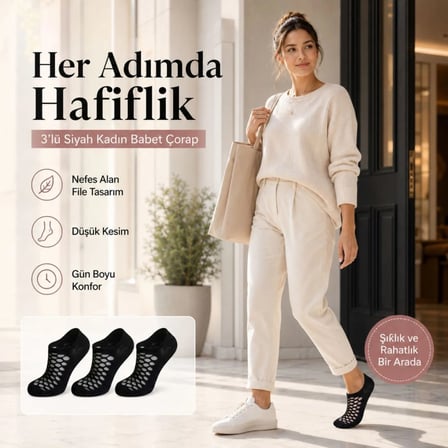 3’lü Kadın Siyah File Babet Çorap Düşük Kesim İnce Esnek Nefes Alan Görünmez Çorap Seti MERY WOMAN