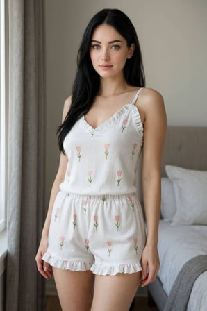 Şık Tasarım Beyaz Üstüne Çiçek Desenli Askılı Şortlu Pijama Takımı