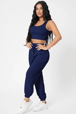 Kadın Laciver Premium Görünümlü Kaşkorse Cepli Jogger Eşofman Altı Ve Crop Top Bluz Takımı