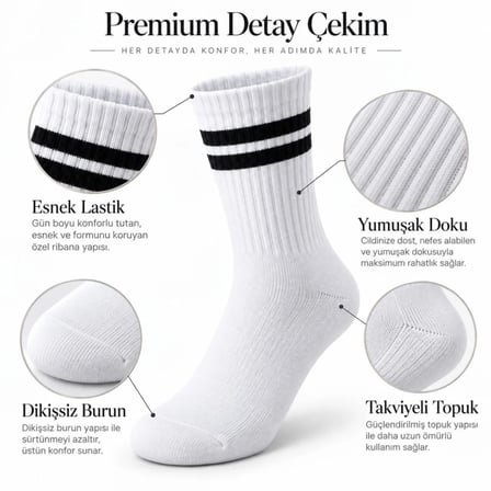 Unisex Beyaz Çorap Siyah Çizgili 9'lu Set Uzun Soket Günlük Spor Kolej Stil Kadın Erkek Çorabı MERY WOMAN