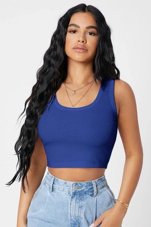 Kadın Lacivert Modern Fit Kare Yaka Crop Top Bluz