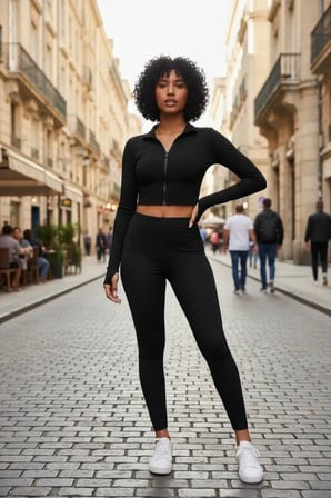 Kadın Siyah Dik Yaka Fermuarlı Uzun Kollu Parmak Geçmeli Crop Top Spor Bluz