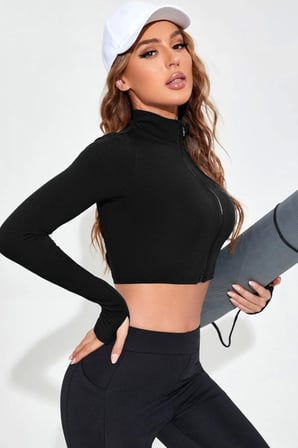 Kadın Siyah Dik Yaka Fermuarlı Uzun Kollu Parmak Geçmeli Crop Top Spor Bluz