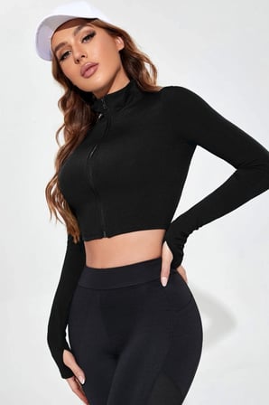 Kadın Siyah Dik Yaka Fermuarlı Uzun Kollu Parmak Geçmeli Crop Top Spor Bluz