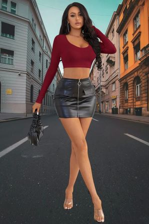 Bordo Derin U Yaka Crop Top Uzun Kollu Dar Kesim Kadın Bluz