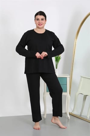 Kadın Büyük Beden Uzun Kol Penye Pijama Takımı Siyah MERY WOMAN