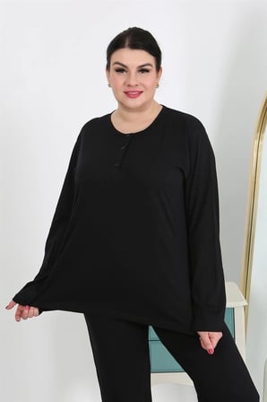 Kadın Büyük Beden Uzun Kol Penye Pijama Takımı Siyah MERY WOMAN
