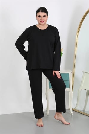 Kadın Büyük Beden Uzun Kol Penye Pijama Takımı Siyah MERY WOMAN