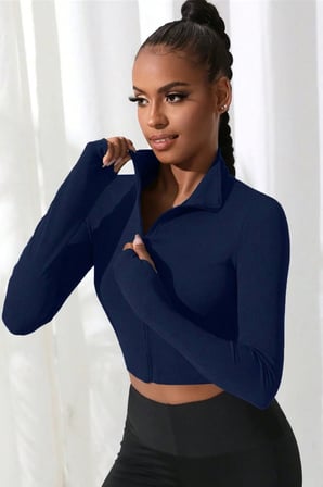 Kadın Lacivert Dik Yaka Fermuarlı Uzun Kollu Parmak Geçmeli Crop Top Spor Bluz