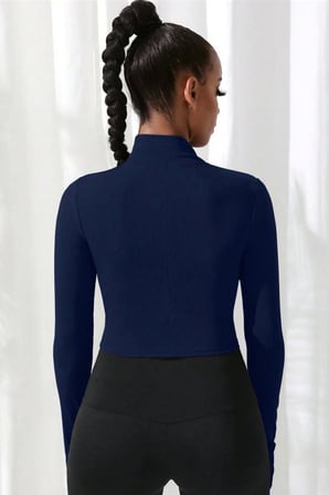 Kadın Lacivert Dik Yaka Fermuarlı Uzun Kollu Parmak Geçmeli Crop Top Spor Bluz