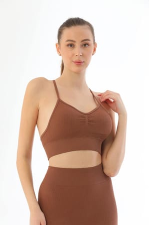 Kahve   Soft Seamless Ripli Tayt Yoga Takımı
