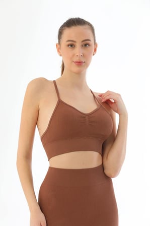 Kahve   Soft Seamless Ripli Tayt Yoga Takımı