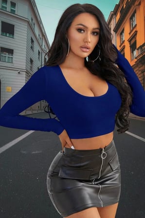 Mavi Derin U Yaka Crop Top Uzun Kollu Dar Kesim Kadın Bluz