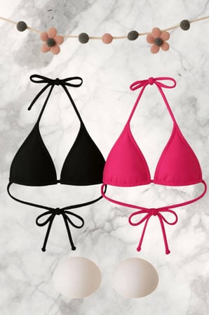 Siyah Ve Fuşya Detaylı Üçgen Bikini Üstü Bağlamalı Kadın Mayo Üstü 'li