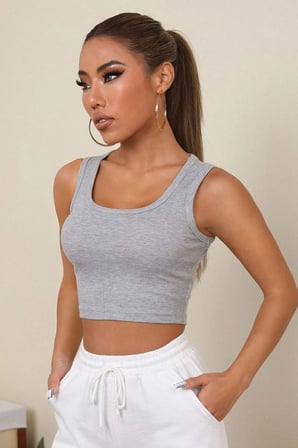 Kadın Gri Modern Fit Kare Yaka Crop Top Bluz