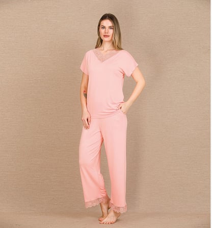 Viskon Şık Tasarım Dantel İşlemeli Açık Pembe Kısa Kol Pijama Takımı MERY WOMAN