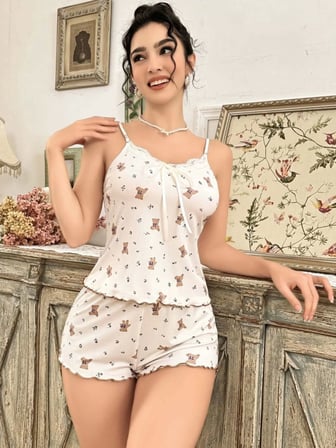 Kadın Ayıcık Desenli Şortlu Pijama Takımı Sevimli Rahat ’li Set