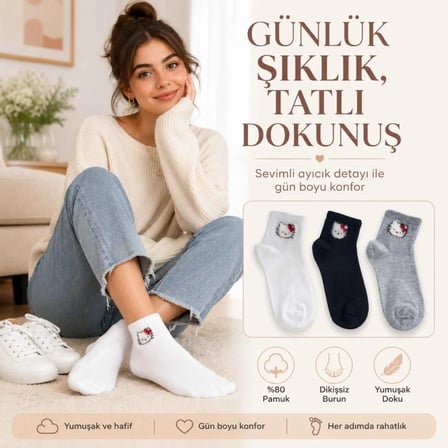 Kadın Sevimli Kedi Desenli Bilek Çorap 3'lı | %80 Pamuklu Dikişsiz, Siyah Beyaz Gri MERY WOMAN