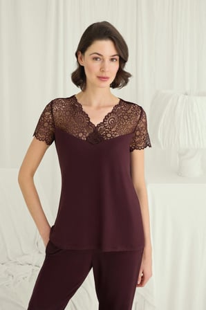 Kısa Kollu Ve Dantelli V Yaka Pijama Takımı MERY WOMAN