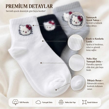 Kadın Sevimli Kedi Desenli Bilek Çorap 12'lı | %80 Pamuklu Dikişsiz, Siyah Beyaz Gri MERY WOMAN