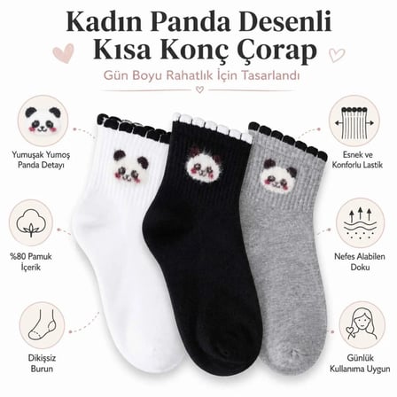 Kadın Panda Desenli Kısa Konç Çorap 3'lü | %80 Pamuklu Dikişsiz, Siyah Beyaz Gri MERY WOMAN