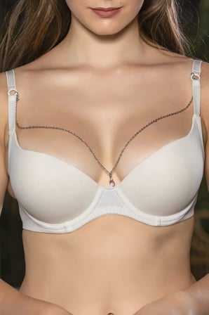 Günlük Kullanıma Uygun Ekru Zincir Aksesuarlı Yarım Push-up Sütyen,destekli, Düşük Dekolte Uyumlu