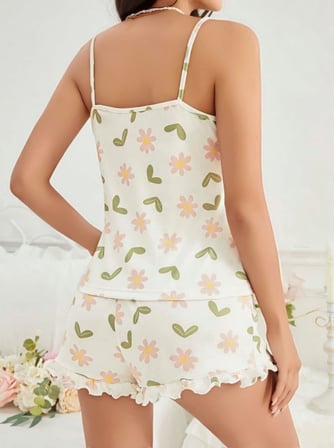 Kadın Ekru Çiçek Baskılı Şortlu Gecelik Pijama Takımı