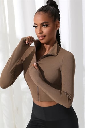 Kadın Kahverengi Uzun Kol Fermuarlı Parmak Geçme Detaylı Dik Yaka Crop Top Bluz