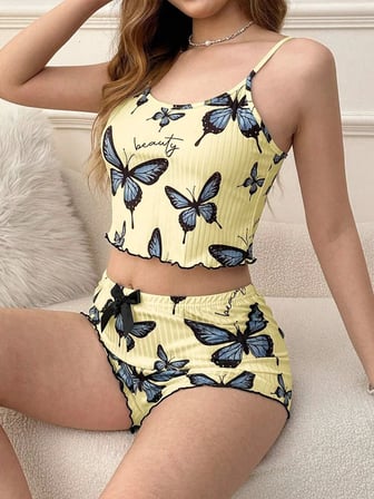 Kadın Sarı Kelebek Desenli Askılı Şortlu Ribana Pijama Takımı,rahat Ve Şık Ev Giyim,kadın Pijama
