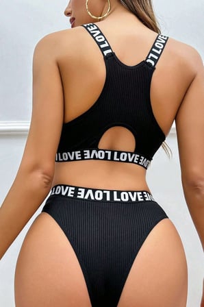 Kadın Siyah Çapraz Sırt Ve Love Lastik Detaylı Sütyen Külot Takım