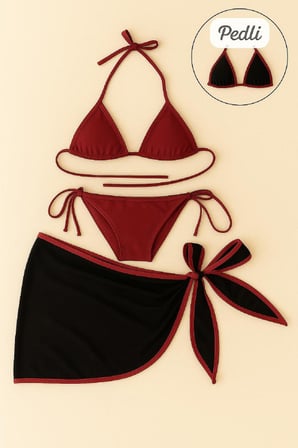 Kadın Bordo Siyah Pareolu Yandan Ve Boyundan Bağlamalı 'lü Bikini Takımı