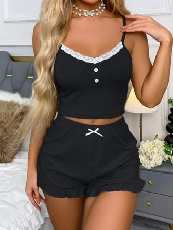Siyah Likralı Düğmeli Yumuşacık li Pijama Takımı