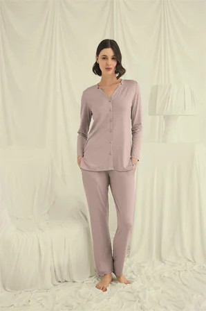 Uzun Kollu Düğmeli V Yaka Pijama Takımı