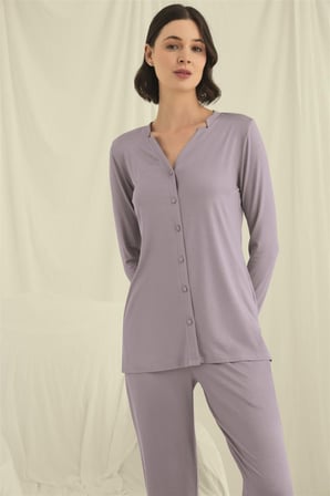 Uzun Kollu Düğmeli V Yaka Pijama Takımı