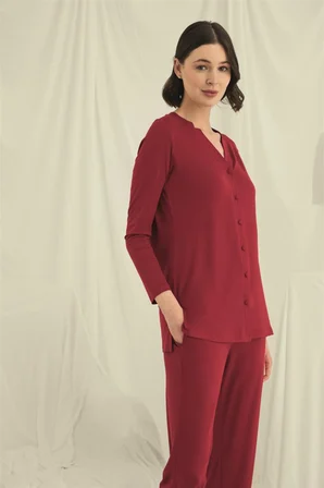 Uzun Kollu Düğmeli V Yaka Pijama Takımı