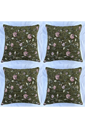 Çiçek Desenli Yastık Kılıfı Çift Taraflı Goblen Kumaş Kapalı Fermuarlı Kırlent 4'lü 40x40