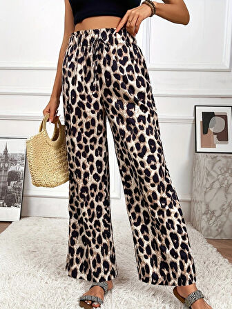 Gökyüzü Moda Kadın Yüksek Bel Beli Lastikli Bağcıklı Leopar Desenli Süprem Pantolon