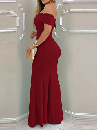 Gökyüzü Moda Kadın Kısa Kollu Madonna Yaka Belden Oturtmalı Uzun Ithal Krep Elbise