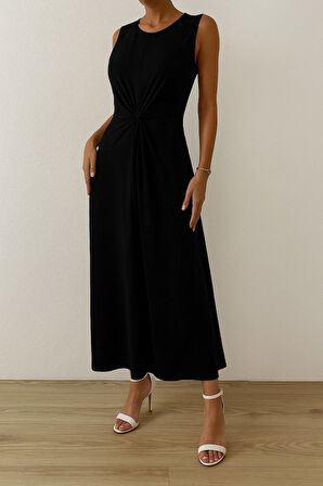 Gökyüzü Moda Kadın Sıfır Kollu Bisiklet Yaka Yandan Büzgü Detaylı Viskon Elbise