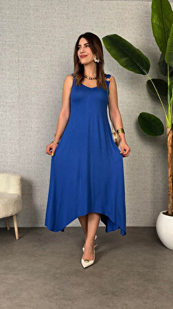 Gökyüzü Moda Kadın çan Dokuma Kumaş V Yaka Asimetrik Kesim Elbise