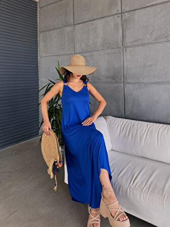 Gökyüzü Moda Kadın çan Dokuma Kumaş V Yaka Asimetrik Kesim Elbise