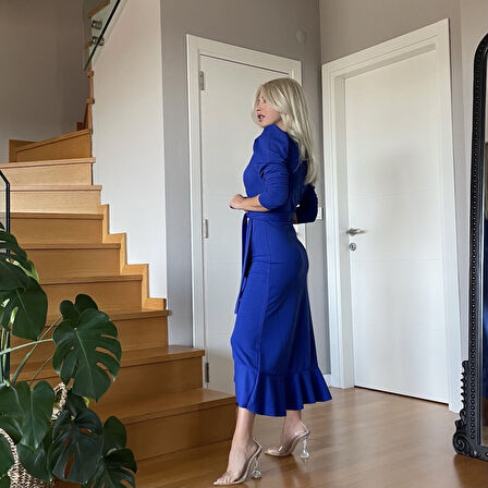 Gökyüzü Moda Krep Kumaş Midi Boy Kuşaklı Uzunkol Elbise