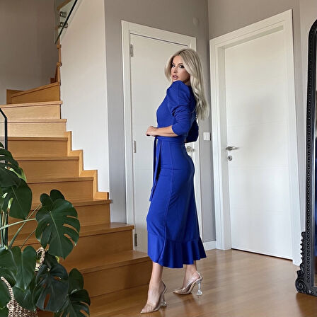 Gökyüzü Moda Krep Kumaş Midi Boy Kuşaklı Uzunkol Elbise